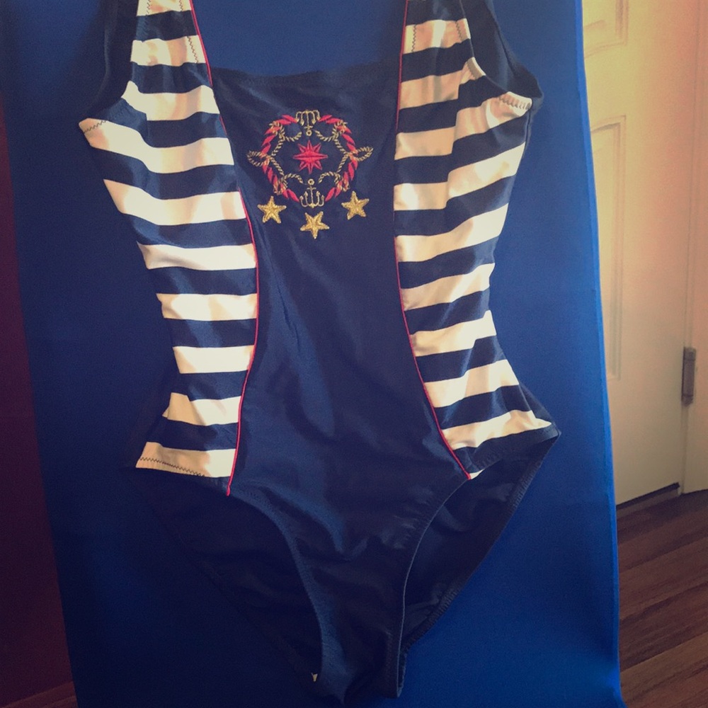 Nautical one piece!! Super cute and high cut
